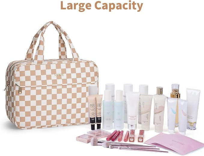 Narwey Hanging Travel Toiletry Bag for Women Checkered Makeup Bag Organizer Cosmetic Make up Toiletries Bag for Travel Essentials Accessories (Light Brown Checkerboard, Large) - Image 6