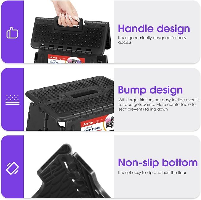 17.5 Inch Heavy Duty Folding Step Stool, 400 lbs, Dot Black | Collapsible Stepping Stool for Adults with Handle and Non-Slip Surface, for Kitchen, Garage, Bedroom and Outdoor Tasks - Image 4