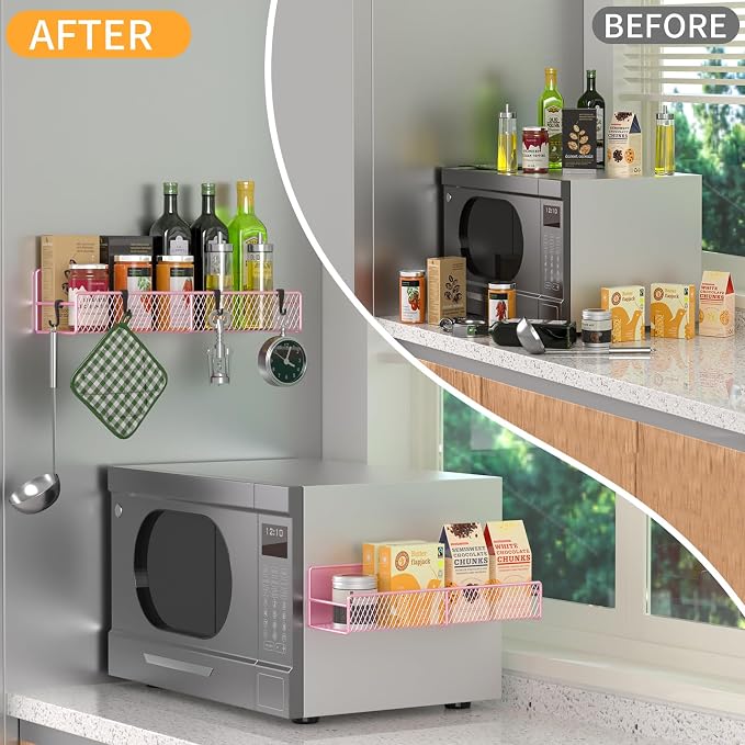 Magnetic Spice Rack for Refrigerator, 2 Pack Metal Magnetic Shelf Pink, Moveable Spice Organizer with Hooks, Super Magnetic Fridge Shelf for Kitchen Organization and Storage - Image 6
