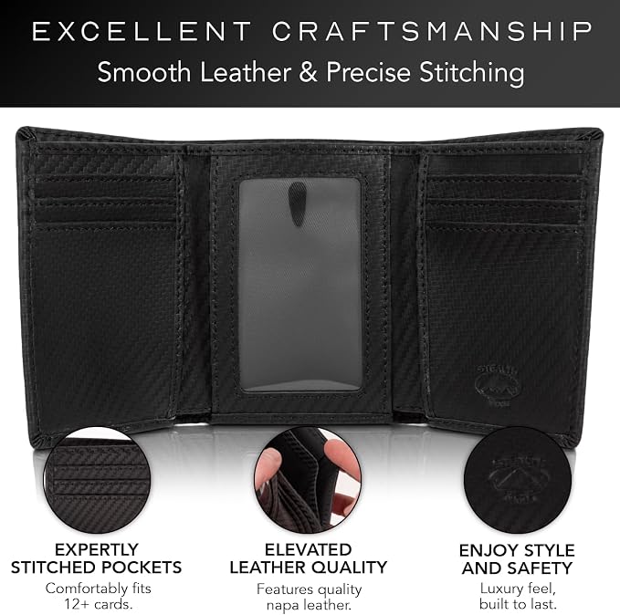 Stealth Mode Trifold Leather Wallet for Men with RFID Blocking (Carbon) | Top Grain Napa Leather, 9 Card Slots, ID Window, Gift Box – Gift for Dad, Husband, or Son - Image 3
