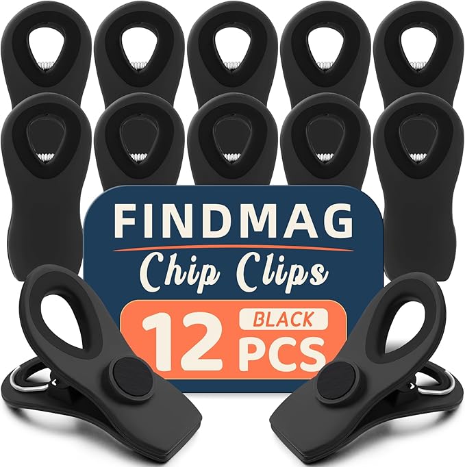 12 Pack Chip Clips, Chip Bag Clips for Kitchen, Black | Kitchen Food and Snack Storage, Fridge, Office and RV Accessories with Magnetic Bag Clips, Airtight Seal Grip by FINDMAG