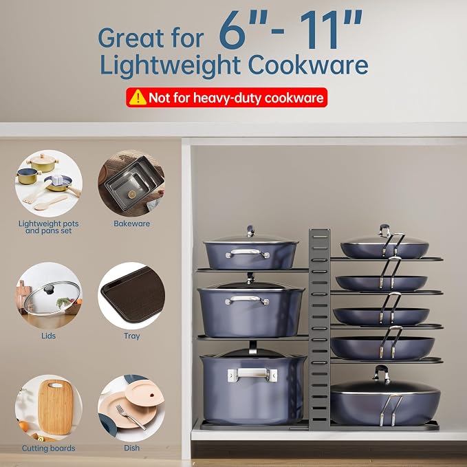 Pots and Pans Organizer Under Cabinet 14.6", 8-Tier Adjustable Rack | 3 DIY Modes, Tool-Free Assembly, Fits 6–11" Lightweight Cookware, For Kitchen Cabinets, Shelves & Countertops Pot Organizer - Image 8