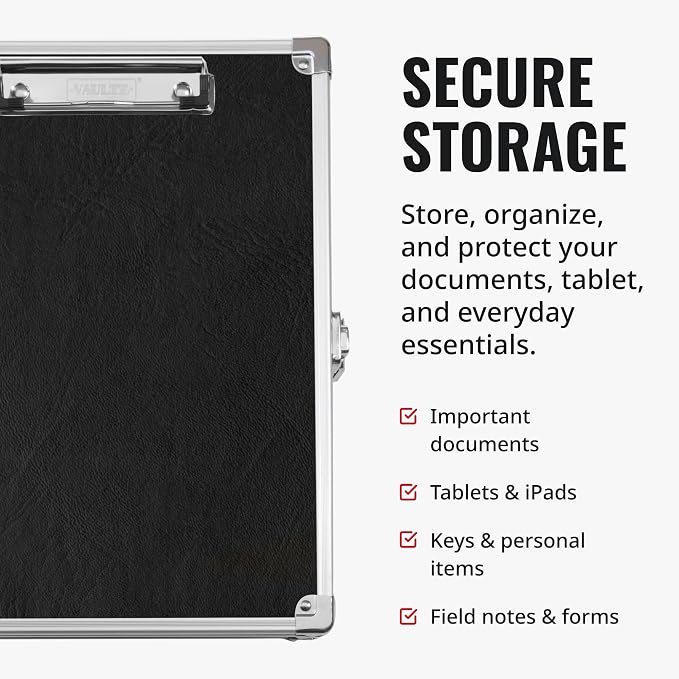 Vaultz Locking Storage Clipboard for Letter Size Sheets, Key Lock, Black (VZ00151) | Secure storage compartment keeps documents protected and organized, durable clipboard design for office, school or travel use - Image 5
