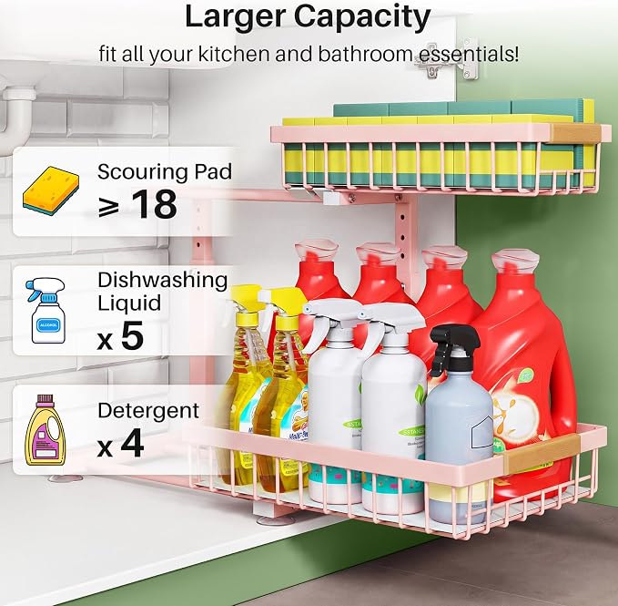 Kitstorack Under Sink Organizer, 2 Tier Under the Sink Storage, Slide out Pull out Cabinet Organizer Shelf, Metal Sliding Drawer for Kitchen Bathroom Pantry Closet Organization Rack, Pink, 1 Pack - Image 5