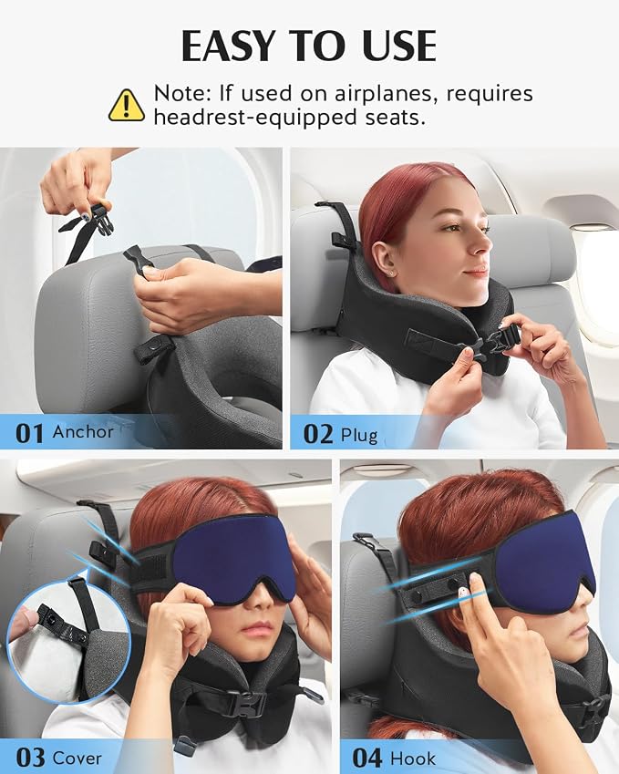 YFONG Travel Pillow with Head Support & Sleep Mask for Long Flights, Blue | Patented 360° Support System, Prevents Bobbing, Airplane Head Strap, 3D Eye Mask, Memory Foam Neck Pillow, Travel Essential - Image 6