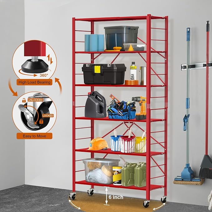 Himix 6-Tier Expandable Storage Shelves Wheels Foldable Shelf Garage Red | Folding shelving units, Metal collapsible organization, Changeable into 2 shelf units, Adjustable, Basement, Holds 3600 Ibs - Image 8