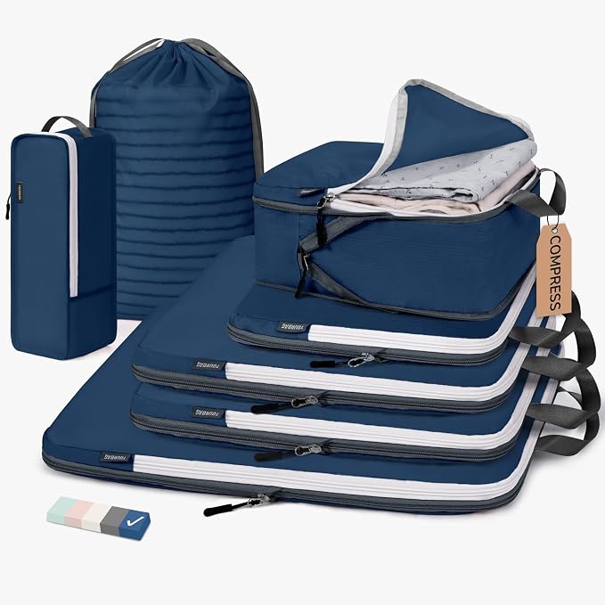 7 Set Compression Travel Packing Cubes for Suitcases, Deep Blue | Travel Essentials for Suitcase, Luggage Organizer Bags for Travel with Shoe Bag, Travel Bags for Shoes, Clothing by CherryNow