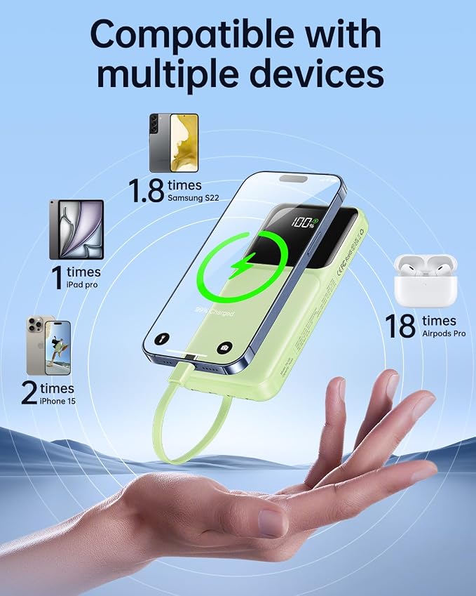Portable Charger with Built in Cable 20000mAh Fast Charging | Power Bank USB C Slim 22.5W LED Display Battery Pack 5 Outputs & 3 Inputs for Travel Essentials iPhone Samsung Phones Green - Image 3