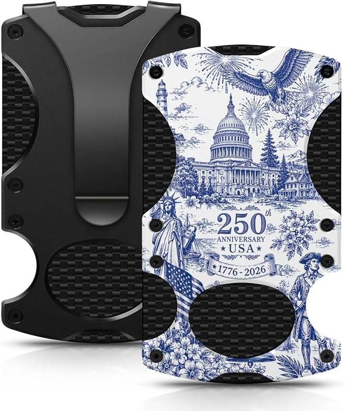 USA 250th Anniversary Slim Money Clip 1776-2026 Holiday Minimalist Wallet | Stainless Steel, Aluminum, 3.4" x 2.1" x 0.35", Navy, RFID, Holds Up To 12 Credit Cards, Cash, Patriotic Gift for Man by Unknown