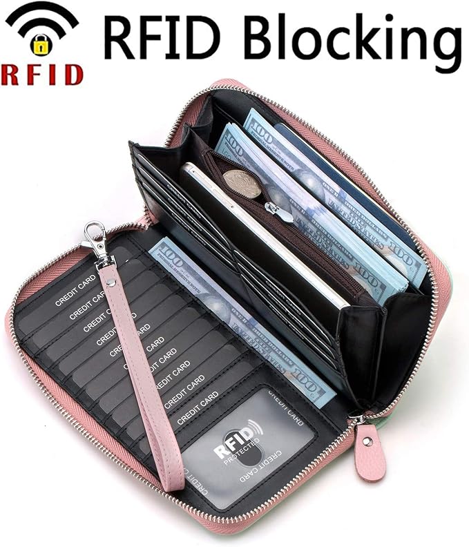 Moflycom Womens Wallet RFID Blocking Genuine Leather Multi Credit Card Large Capacity Zip Around Clutch Travel Purse Wristlet - Image 2