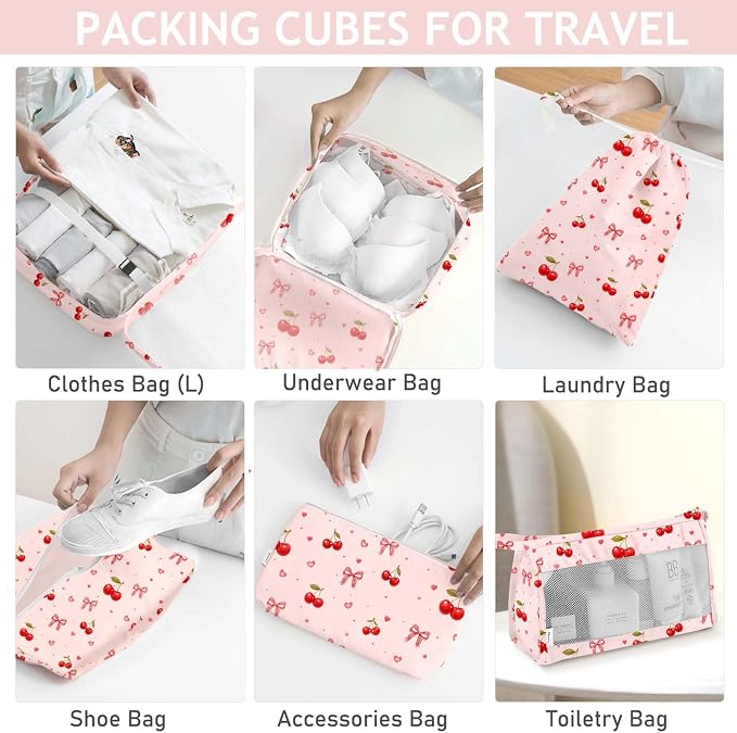 KPX 8 Set Packing Cubes for Travel, Luggage Packing Organizers Accessories Large Toiletries Bag for Clothes Shoes Cosmetics (8Set-Cherry & Bow) - Image 4