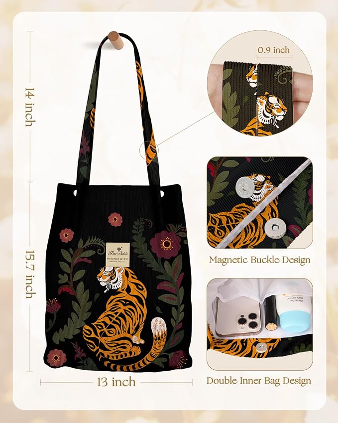 Miss Adola Corduroy Tote Bag for Women with Aesthetic Design | Magnetic Buckle & Pocket, Reusable, Soft, Roomy, Long Shoulder Handles, Double-sided Print, Casual Daily Work, Grocery Bags - Image 5
