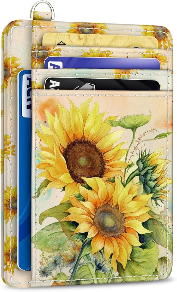 Yonlevres Sunflower Credit Card Holder Slim RFID Wallet Women Small Travel | Front Pocket, Handy, RFID Blocking, Woman Girls Ladies Gifts, D-ring for Keychain,Thin Mini Card Case, ID Window, PU Leather by Yonlevres