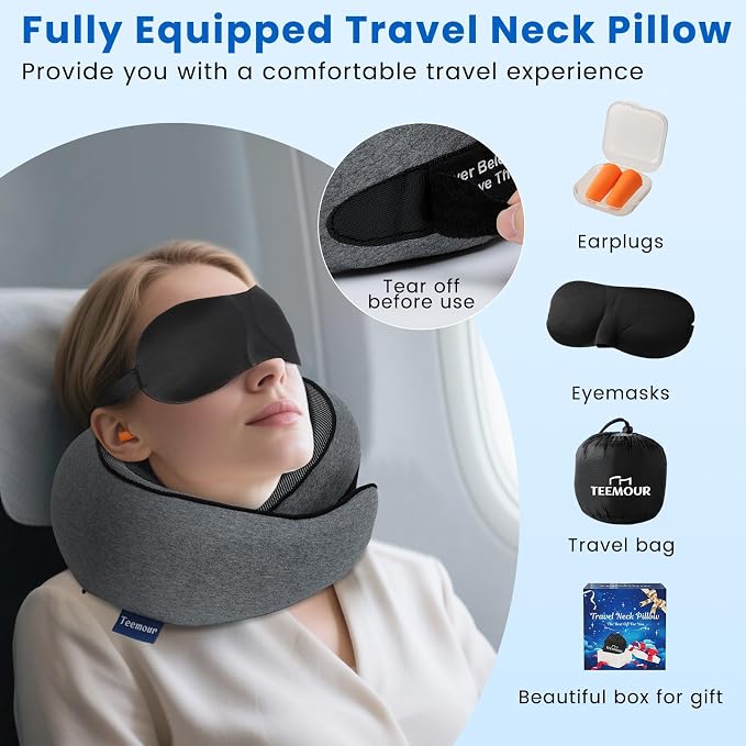 Travel Pillow Memory Foam Neck Pillow for Airplanes Long Flight Comfort 360° Support Airplane Pillow Design for Car Rides, and Home Use Travel Essentials, with Eye Mask, Earplugs and Storage Bag Large - Image 5