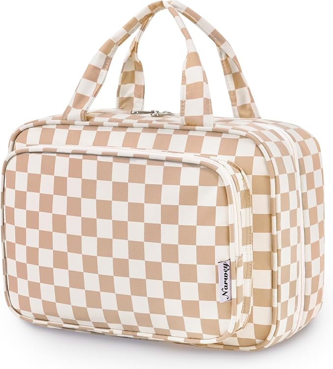 Narwey Travel Toiletry Bag for Women Large Hanging Makeup Bag Organizer Toiletries Bag for Full Size Essentials Accessories Cosmetics (Light Checkerboard (Large)) by Narwey