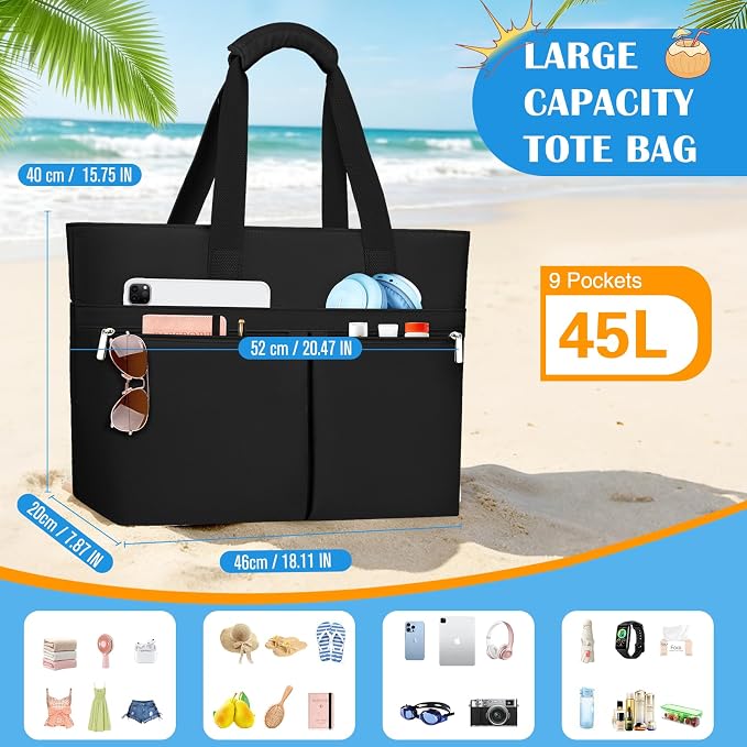 HUANLANG Large Beach Bags for Women Pool Bag with Zipper, Waterproof Sandproof Beach Tote Travel Bag with Wet Pocket - Image 6