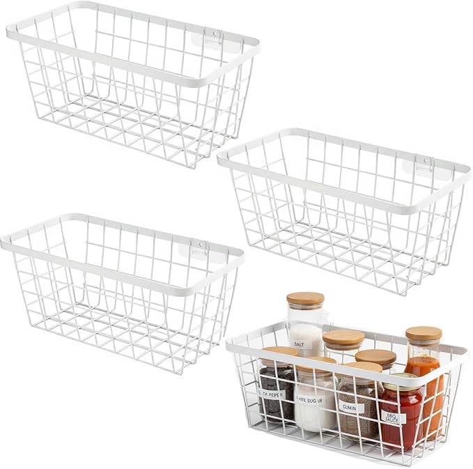 LeleCAT White Hanging Kitchen Baskets For Storage Adhesive Sturdy Small Wire Storage Baskets No Drilling Wall Mounted Kitchen Food Pantry Bathroom Shelf Storage, 4 PACK,White by HomeSpaceStorageBasket
