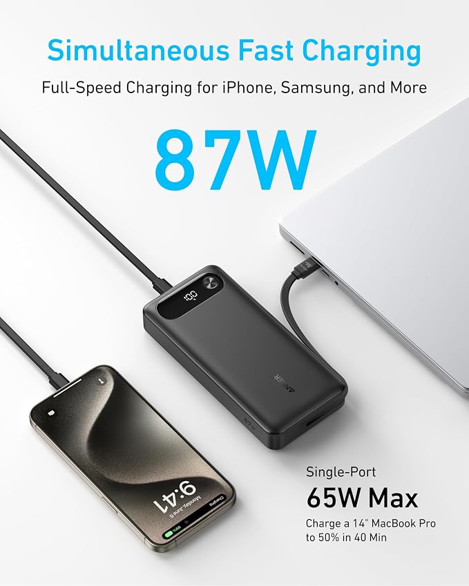 Anker Power Bank, 20,000mAh Travel Essential, Built-in USB-C Cable(Black) | 1 USB-C and 1 USB-A port, for MacBook Pro/Air, iPhone 17/16/15/14, Samsung, Switch and more - Image 2
