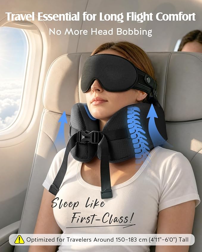 YFONG Travel Pillow with 3D Sleep Mask for Long Flights Airplane, Black | Patented 360° Ergonomic Sleeper Hold Head Support System, Memory Foam Neck Pillow, Prevents Head Bobbing, Adjustable Strap - Image 2