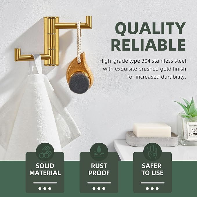 Angle Simple Swivel Towel Hook for Bathroom, Coat Hook Brushed Dark Gold | SUS304 Stainless Steel, 3 Foldable Arms, Space Saving Kitchen Hand Wash Towel Holder, Screws Mounted - Image 5