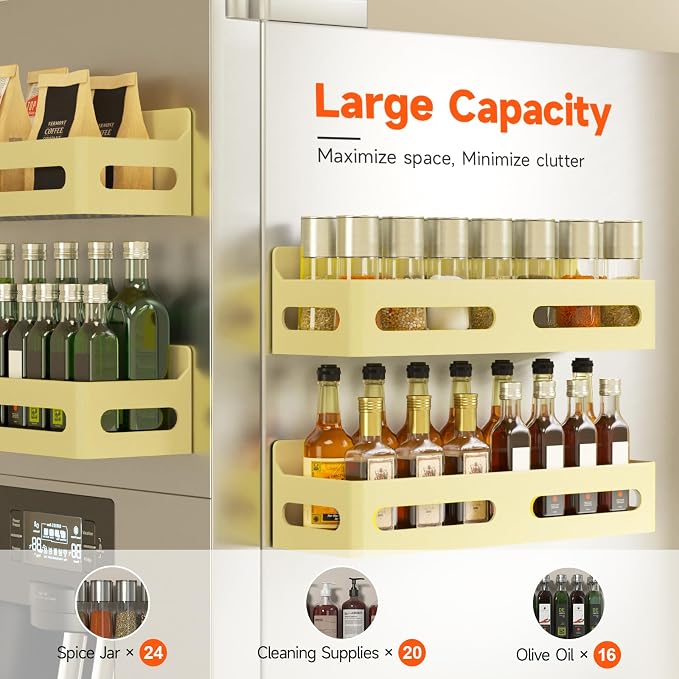 4-Pack Magnetic Spice Rack for Refrigerator with Hooks, Yellow | Strong multipurpose magnetic shelf for kitchen & bathroom organization. Includes 4 removable hooks for hanging items. - Image 4