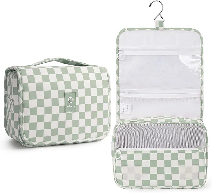 Narwey Small Hanging Travel Toiletry Bag for Traveling Women, Checkered Travel Bag for Toiletries, Makeup Bag Organizer Make Up Cosmetic Bags, Gifts for Kids Teen Girls (Mint Green Checkerboard) by Narwey