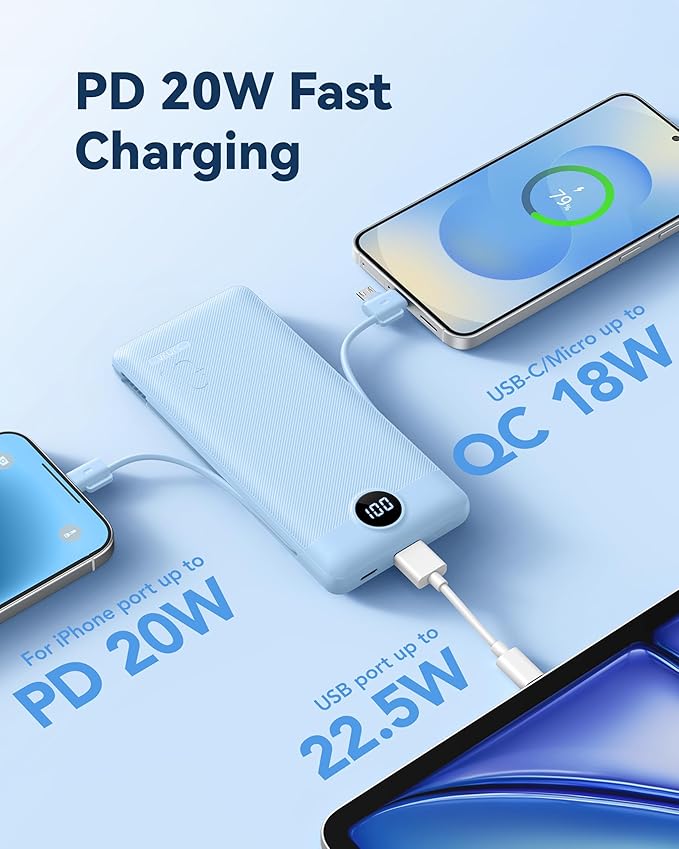 VRURC 10000mAh Portable Charger with Built-in Cables and AC Plug, Blue | 22.5W fast charge, LED display, Micro, USB-C and Phone cables, 4 outputs, 8 oz, airline approved - Image 6