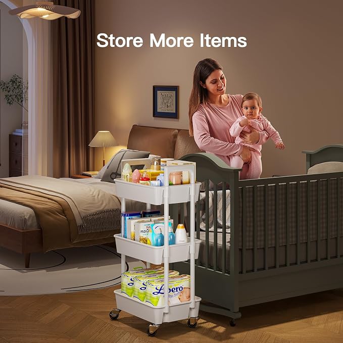 Pipishell 3 Tier Rolling Cart Organizer, Plastic Rolling Cart with Lockable Wheels & Reinforced Handle, Lightweight Utility Cart Storage Cart for Nursery, Kitchen, Bathroom, Craft Room, White, PIUC14W - Image 7