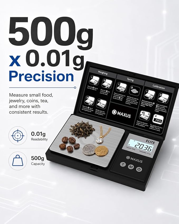 Digital Pocket Gram Scale 500g x 0.01g High Precision with Tray | Weighs Small Food, Jewelry, Ounces, Grains, LCD Display, Tare Function - Image 2