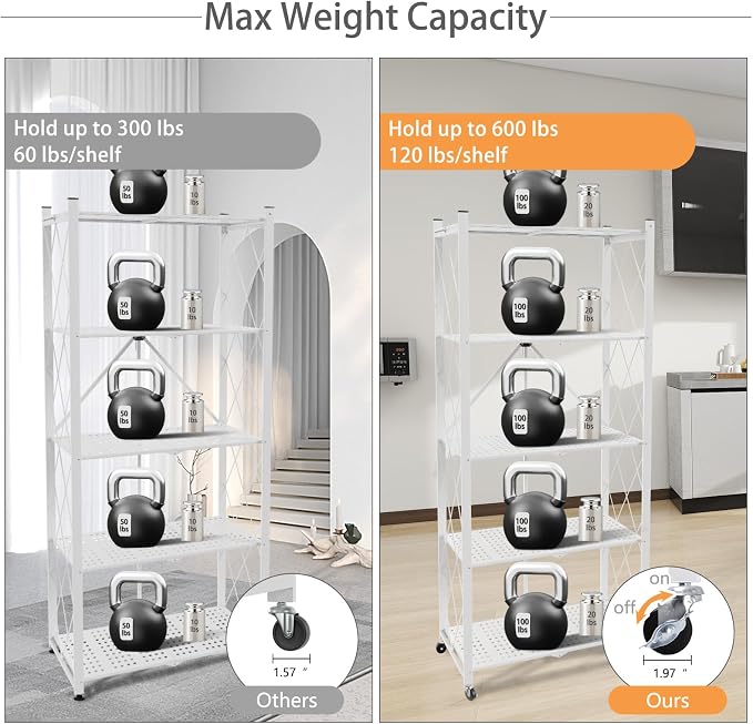 5-Tier Folding Shelf with Wheels No Assembly Portable Shelves | Suitable for kitchen, bedroom, living room, garage,64.6*28*13.4in - Image 5