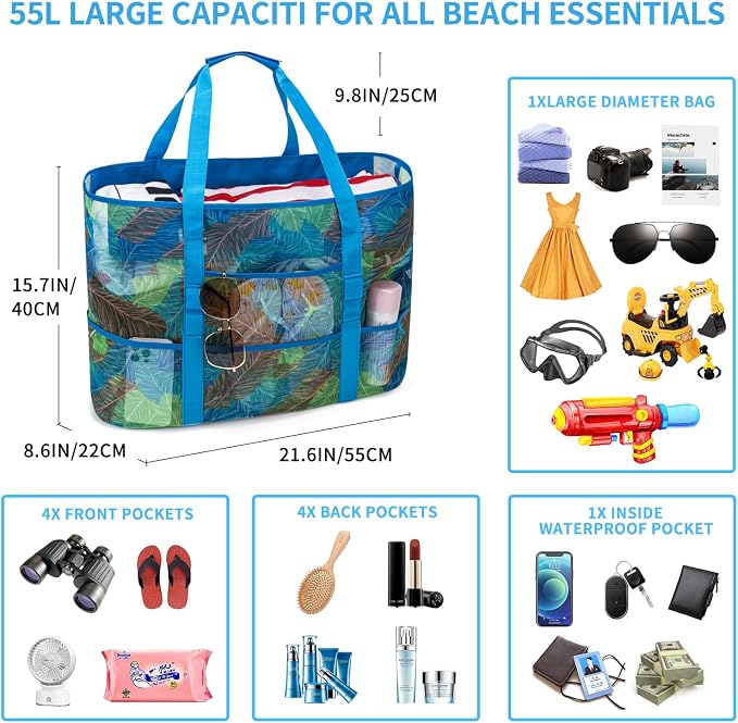 KABAQOO Mesh Beach Bag, Extra Large Beach Bags with 9 Pockets & Zipper Waterproof Lightweight Beach Tote for Beach/Pool Trip - Image 2