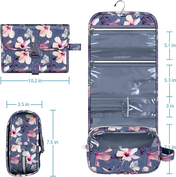 FINTIE Portable Toiletry Cosmetic Travel Bag Hanging Makeup Organizer | Large Water Resistant Storage Pouch Case, For Women Girls, Blooming Hibiscus - Image 7