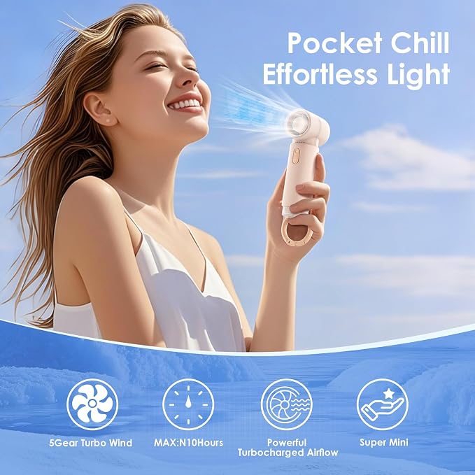 Handheld Portable Mini Fan, Personal Small Pocket Design with Hook, 19500RPM Powerful Motor Trubo, 10H Max Cooling time USB Rechargeable, 5 Speeds for Women/Men/Travel/Beach/Outdoor- Pink - Image 2