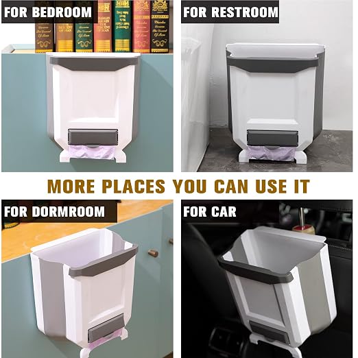 Hanging Kitchen Trash Can, Foldable Waste Bin for Kitchen, Collapsible Hang Small Plastic Garbage Can 2.4 Gallon for Cabinet/Car/Bedroom/Bathroom (White) - Image 2