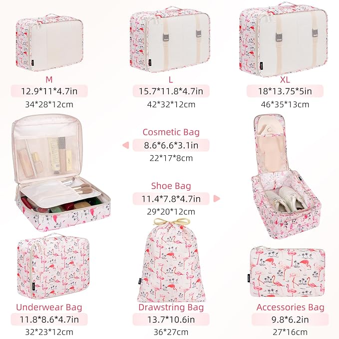 BAGAIL 8 Set Packing Cubes Luggage Packing Organizers for Travel Accessories-Pink Flamingo - Image 2