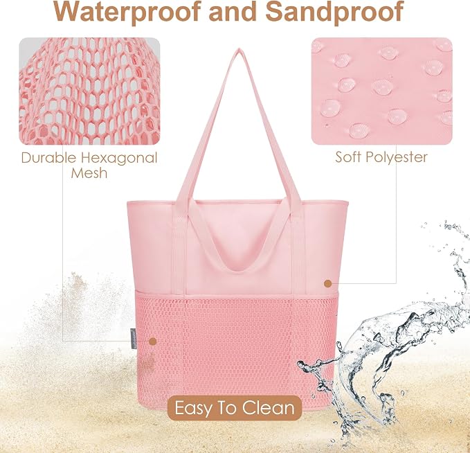 KABAQOO Large Beach Bag Waterproof Sandproof Tote Bag for Women with Zipper & Mesh Pockets for Pool Swim Travel Everyday | waterproof - Image 4