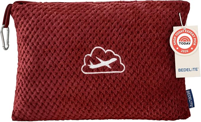 BEDELITE Travel Blanket with Bag, Jacquard Fleece Blanket 65"x40", Burgundy | Ultra-soft Airplane Blanket, Luggage Sleeve & Backpack Clip, Travel Essentials for Women, Foldable as Pillow for Long Flight by BEDELITE