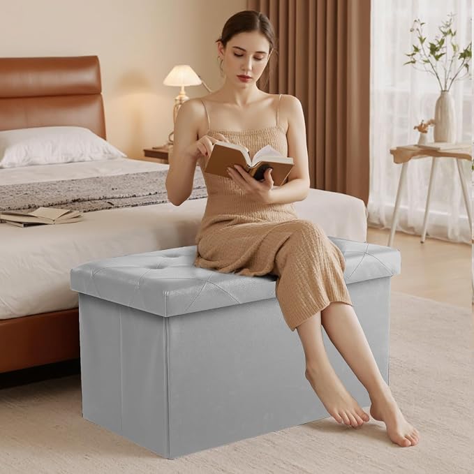 DUMOS 30 Inch Folding Storage Ottoman Bench, Large Hidden Storage Chest | Ottoman with Padded Seat, End of Bed Foot Rest Stool for Bedroom Living Room, Load 660 lbs, Lychee Grain Leather, Gray - Image 5