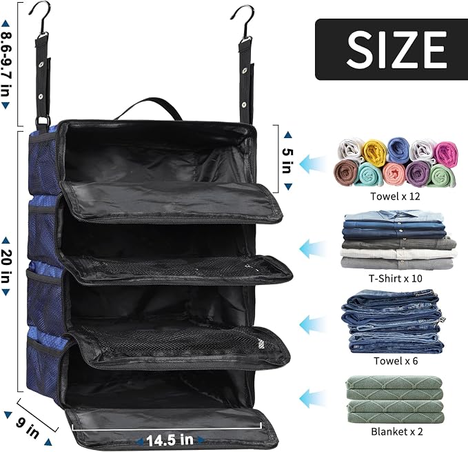 esouler Suitcase Organizer, Travel Luggage Organizer hanging packing cubes for travel，portable hanging travel shelves Collapsible closet organizer for Carry-on (Navy blue, Medium) - Image 2