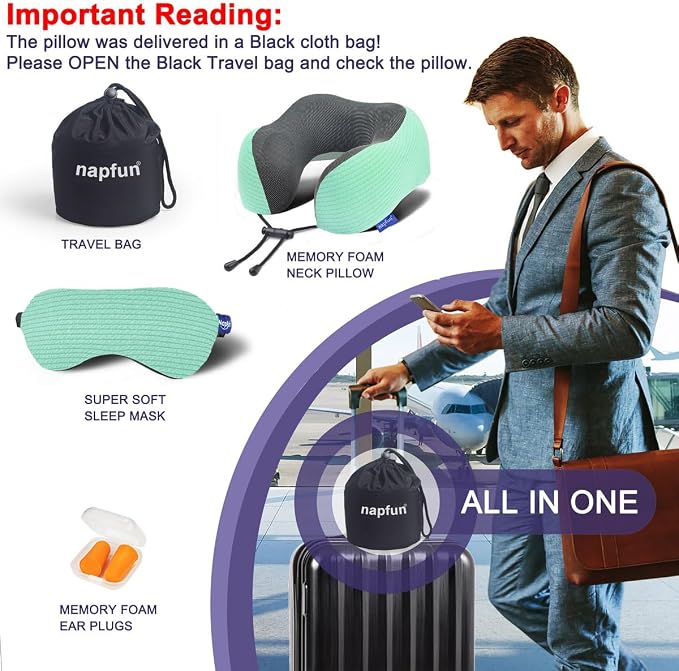 napfun Neck Pillow for Travel with Travel Pouch, Sleep Mask & Earplugs, Memory Foam Airplane Pillow for Headrest Sleep with Eyeshades, Plane Essentials with Eye Blindfold, Turquoise Striped Kit - Image 7