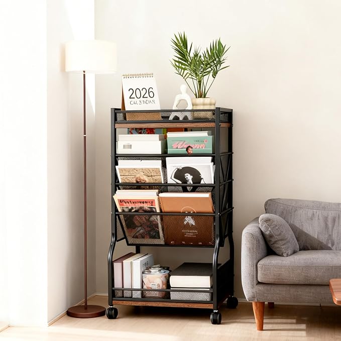 8-Tier Rolling Book Cart with Lockable Wheels, Double-Sided Storage Bookshelf for Narrow Spaces, Mobile Organizer Cart for Office, Library and Home - Image 6