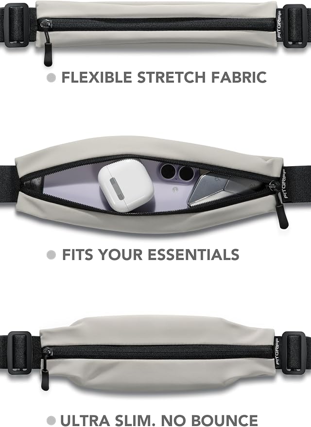 Fitgriff® Running Belt V2 for Men & Women - Slim Fanny Pack, Phone Holder for Jogging, (Fits All Cell Phones) - Money Belt, Runners Waist Pouch (Light Taupe, One Size (Waist 24.4 – 43.3 inches)) - Image 2