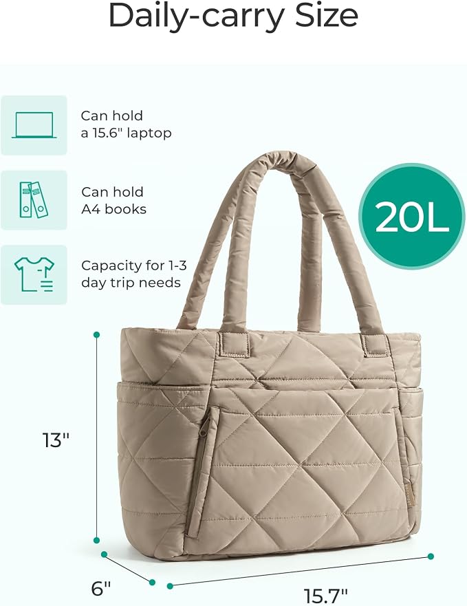 BAGSMART Tote Bag for Women, Puffer Tote Bag with Zipper, Large Quilted Shoulder Bag with Compartments for Travel, Work, Gym - Image 5
