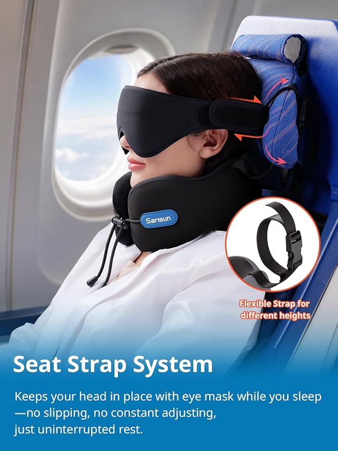 SARISUN Travel Neck Pillow with Strap & Eye Mask for Airplane Sleep Support | Airplane Pillow with Memory Foam, 3D Sleep Mask, for Comfort Sleep on Long Flight/Car Trip/Train Travel Essentials Grey - Image 2