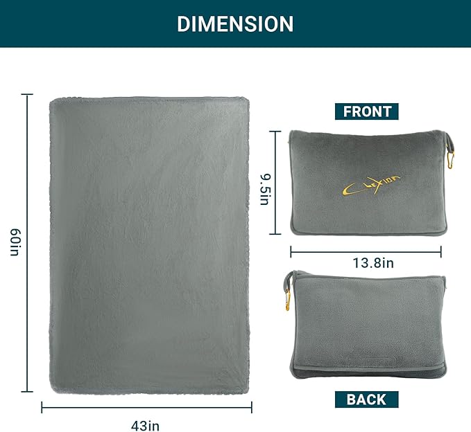 Travel Blanket and Pillow Set for Airplane, 300 GSM Soft Fleece Compact Travel Blanket with Inflatable Pillow and Carry Bag, 60x43 Inches, Grey - Image 4