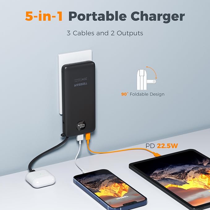 TESSAN Portable Charger with Built in Cables, 10000mAh Power Bank Fast Charging with Foldable AC Plug, PD20W Compact Battery Pack Travel Essentials for iPhone 17/16/15 Series, Samsung, Tablets, Black | PD20W USB C Fast Charging with Foldable AC Outlets... - Image 2