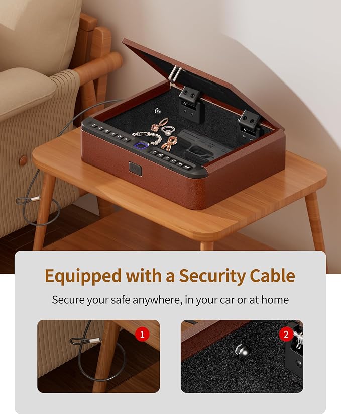 BILLCONCH Smart Gun Safe for Handgun with Fingerprint, App & Security Cable | Biometric Gun Safe 4 Ways Quick Access Built-in LED Light, Ideal Handgun Safe for Nightstand and Home - Antique Bronze - Image 4