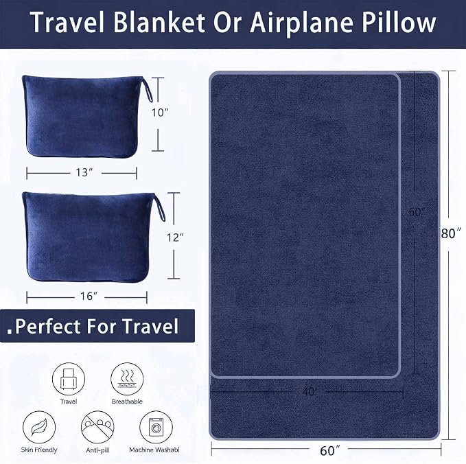 Travel Blanket Pillow, Soft Airplane Blanket 2-in-1, Travel Blanket Airplane Compact with Bag, Travel Essentials Accessories for Plane and Car,60x40 Navy - Image 3