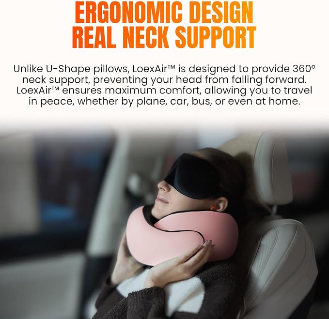 LOEXAIR™ Hooded Pro Travel Pillow - Memory Foam Neck Support Pillow for Airplane, Flight - Super-Soft Pure Cotton Fabric, Maximum Privacy & Light-Block Design, Lightweight Full Travel Kit- Sakura Pink - Image 7