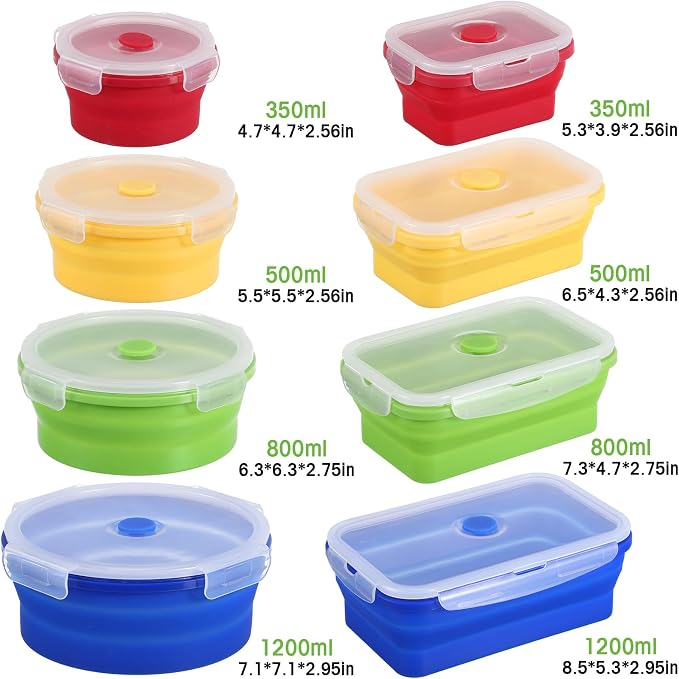 Yaomiao 16 Pack Collapsible Food Storage Container with Lid,Bright Colors | Silicone Bowls with Air Vent, Foldable Rectangle Round Bowl ,For Rv Camping Meal Prep Organizing, Microwave Freezer Safe - Image 2